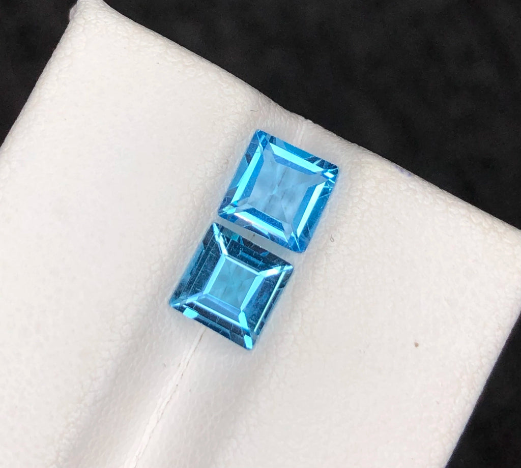 (2.35ct) Natural Swiss Blue Topaz - Precision Square Princess Cut (PAIR) - Vivid Electric Blue Gem (WAV41)