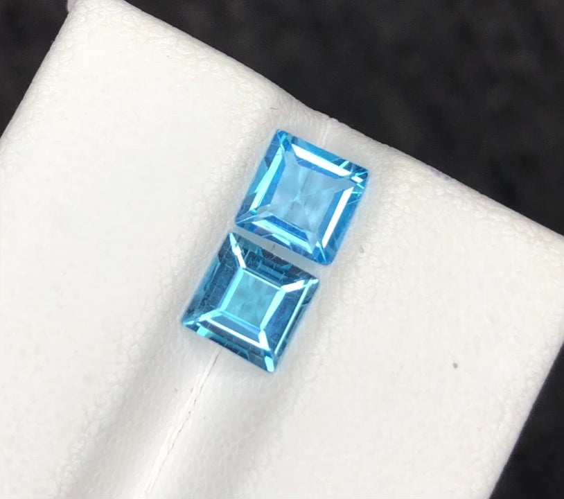 (2.35ct) Natural Swiss Blue Topaz - Precision Square Princess Cut (PAIR) - Vivid Electric Blue Gem (WAV41)